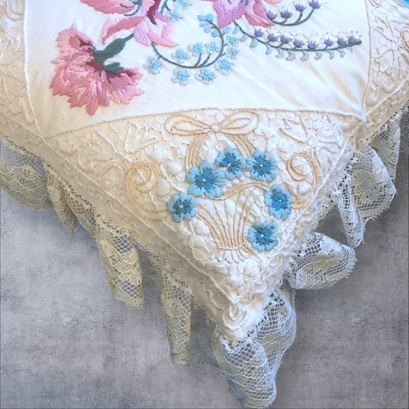Embroidered Throw Pillow Vintage Cottagecore Floral Lace Pastel Feminine 12" - Picture 9 of 13